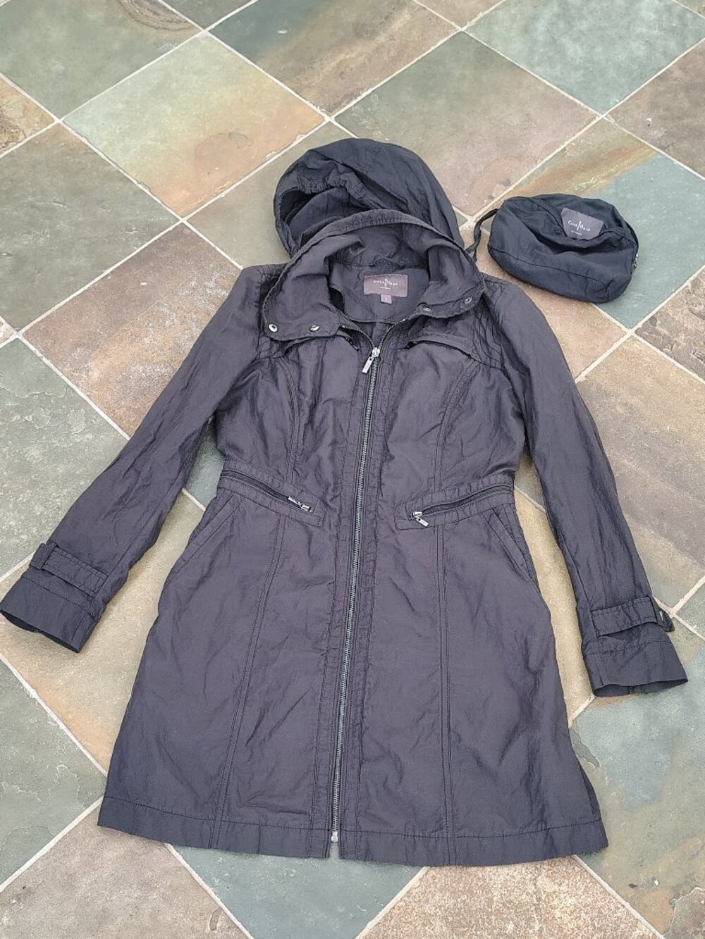 Cole Haan Rain Coat Long Jacket with Hood Packable Black